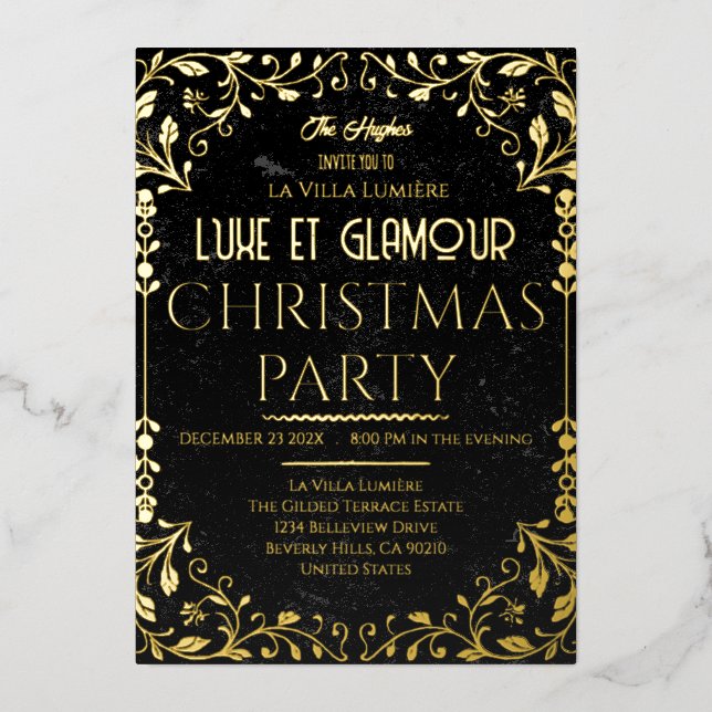 Luxe et Glamour Black Gold Christmas Invitation Folieneinladung (Vorderseite)