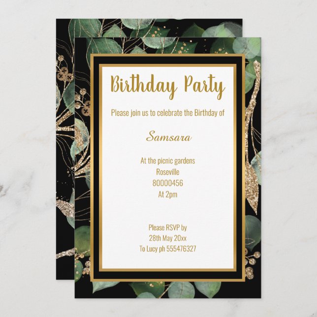 LUXE EUCALYPTUS BLACK GREEN SAGE 2 INVITATION EINLADUNG (Vorne/Hinten)