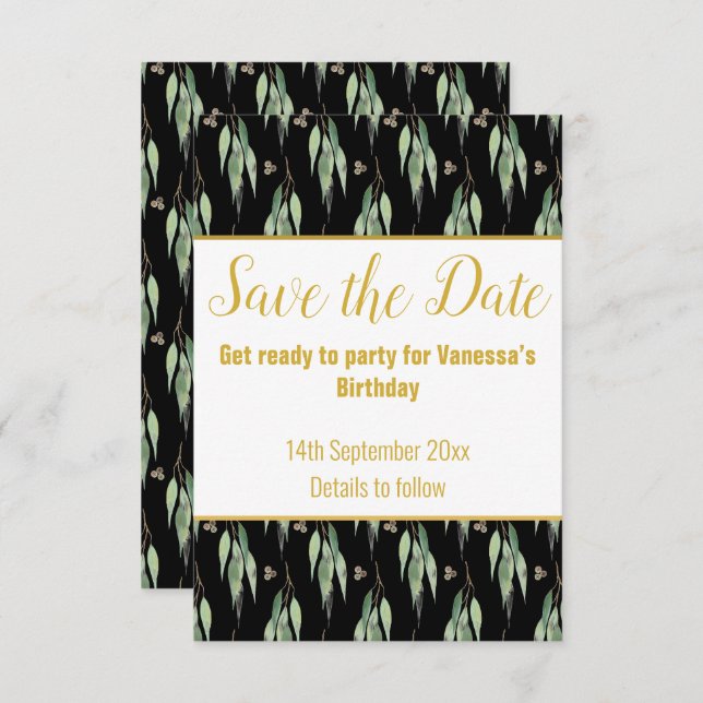 LUXE EUCALYPTUS PATTERN BLACK SAVE THE DATE UAWG RSVP KARTE (Vorne/Hinten)