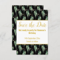 LUXE EUCALYPTUS PATTERN BLACK SAVE THE DATE UAWG