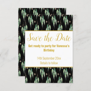 LUXE EUCALYPTUS PATTERN BLACK SAVE THE DATE UAWG RSVP KARTE