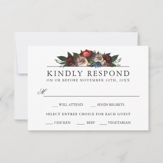 Luxe Floral Wedding RSVP mit Entree Choice (Vorderseite)