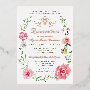 Luxe florale rosa Schmetterlinge Tiara Quinceañera Folieneinladung