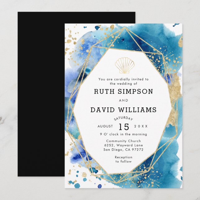 Luxe Frame Ocean Blue und Gold Hochzeit Einladung (Vorne/Hinten)