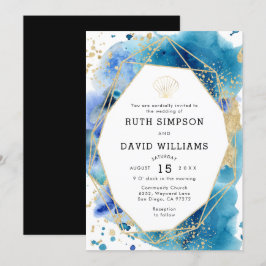 Luxe Frame Ocean Blue und Gold Hochzeit Einladung