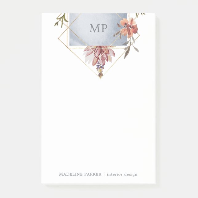 Luxe Geometric Floral mit Monogramm Post-it Klebezettel (Vorderseite)