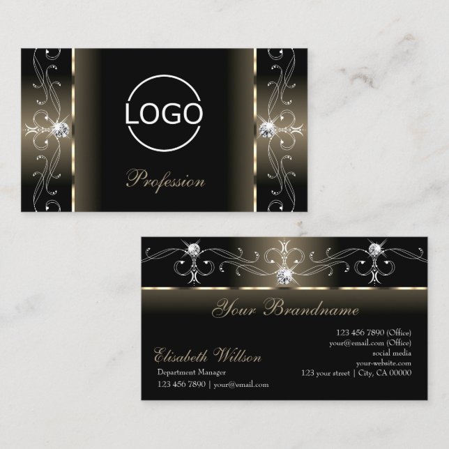 Luxe Glam Black Beige gezückte Juwelen mit Logo Visitenkarte (Vorne/Hinten)