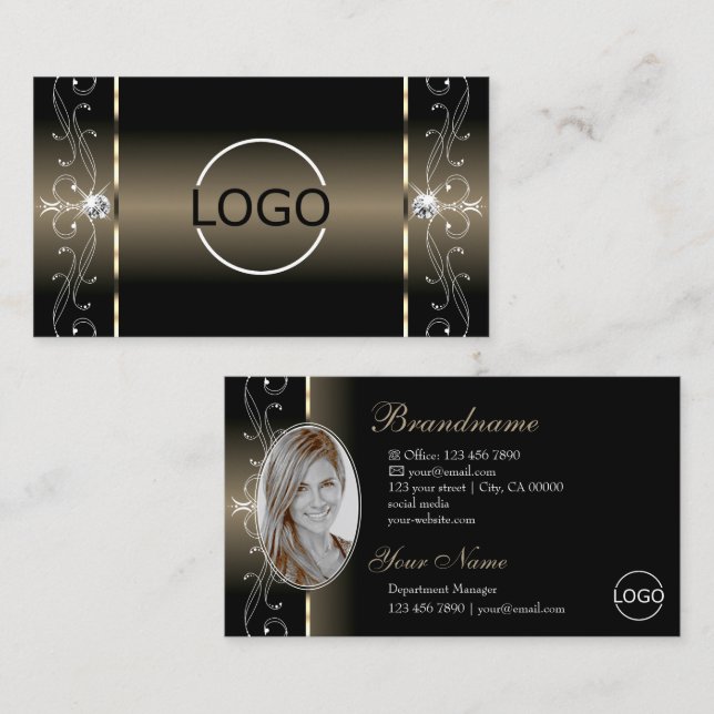 Luxe Glam Black Beige Squiggled Jewels Logo Foto Visitenkarte (Vorne/Hinten)