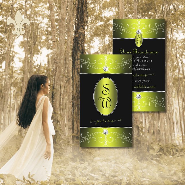 Luxe Glam Black Yellow Verziert Ornament Monogram Visitenkarte (Von Creator hochgeladen)