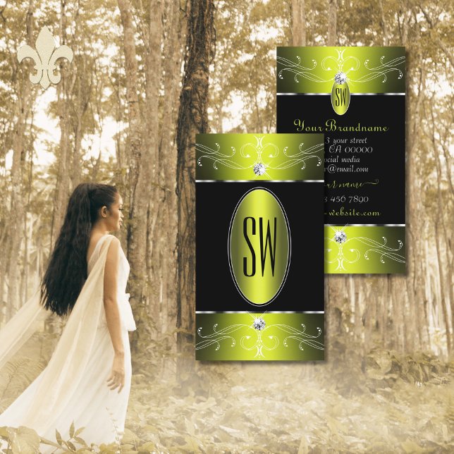 Luxe Glam Black Yellow Verziert Ornaments Initials Visitenkarte (Von Creator hochgeladen)