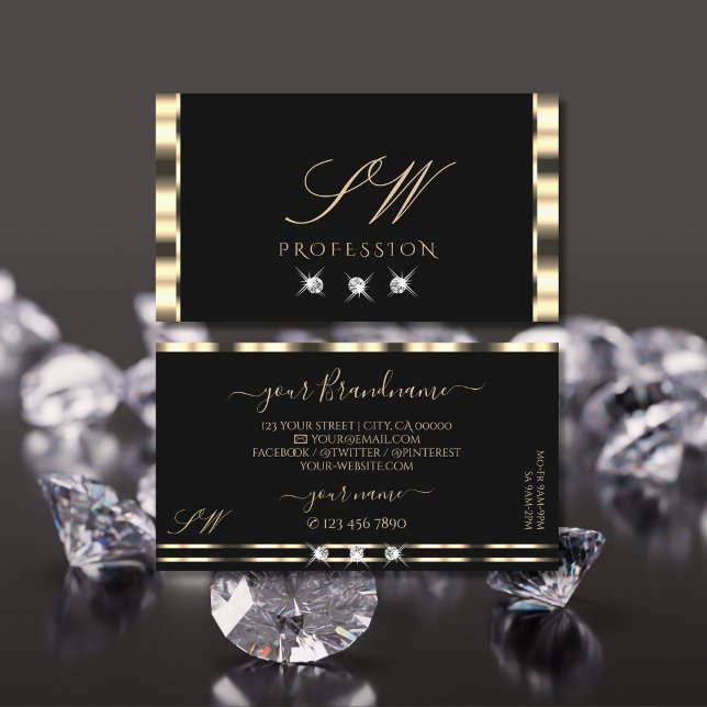 Luxe Glam Gold Black Sparkling Diamonds Initialen Visitenkarte (Von Creator hochgeladen)