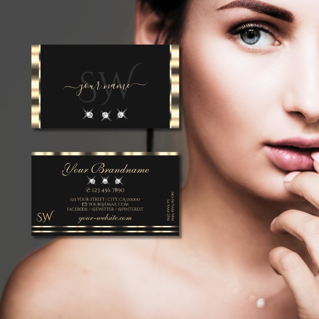 Luxe Glam Gold Black Sparkling Diamonds Monogram Visitenkarte (Von Creator hochgeladen)