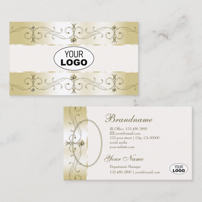 Luxe Glam Gold Creme Verziert Borders Logo und Fot Visitenkarte (Vorne/Hinten)