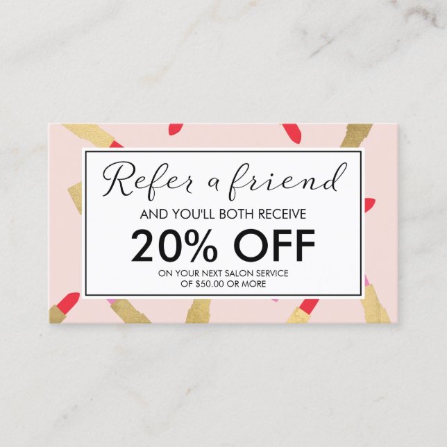 Luxe Glam Lipstick-Muster auf rosa Referenzkarte Empfehlungskarte (Vorderseite)