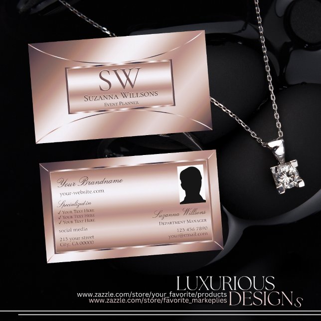 Luxe Glam Rose Golden Chic mit Monogramm und Foto Visitenkarte (Von Creator hochgeladen)