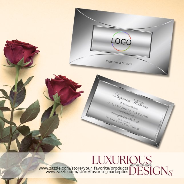 Luxe Glam Silver Glamour Dekor Stilvoll mit Logo Visitenkarte (Von Creator hochgeladen)