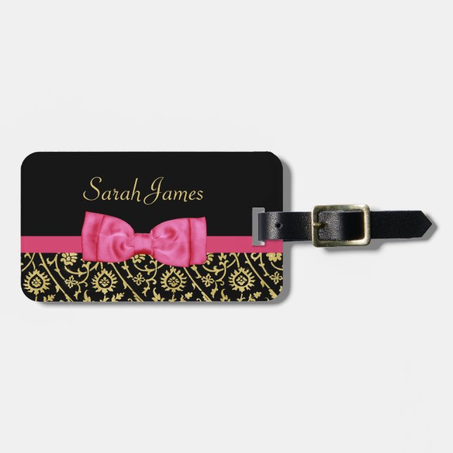 Luxe Gold Black Floral Damask Pink Bow und Name Gepäckanhänger (Vorderseite horizontal)