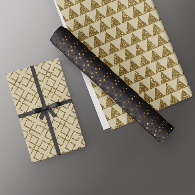 Luxe Gold Black Geometric Patterns Glitzer Geschenkpapier Set (Von Creator hochgeladen)