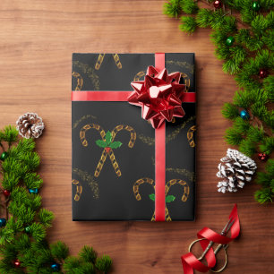 Luxe Gold Candy Canes Black Christmas Geschenkpapier