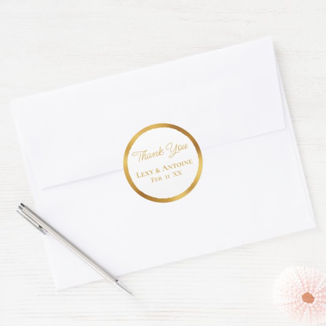 Luxe Gold Edge White Vielen Dank Namen Hochzeitsta Runder Aufkleber (Umschlag)