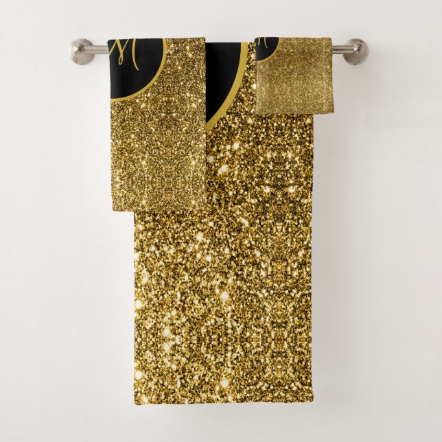 Luxe Gold Glitzer Sparkle Custom Mit Monogramm  Badhandtuch Set (Insitu)