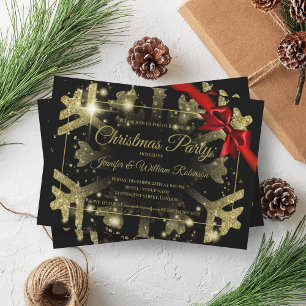 Luxe Gold Glitzer Xmas Holiday Red Ribbon Black Einladung