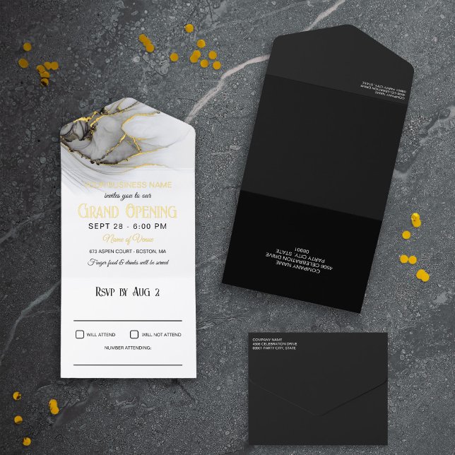 Luxe Gold Gray White Marble Business Grand Opening All-in-One-Einladung (Von Creator hochgeladen)