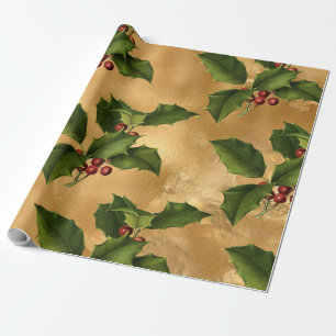 Luxe Gold Imitats Foil, Green Holly, Red Berries Geschenkpapier