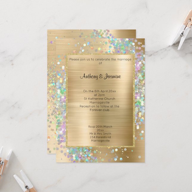 LUXE GOLD METALLIC HOLOGRAPHIC PASTEL WEDING EINLADUNG (Vorderseite/Rückseite Beispiel)