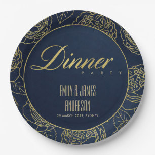 LUXE GOLD NAVY ELEGANT ROSE FLORAL DINNER PARTY PAPPTELLER
