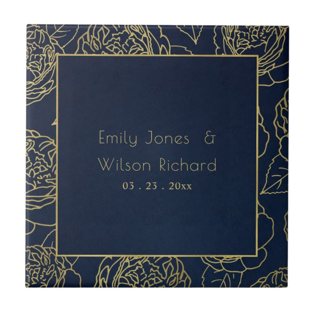 LUXE GOLD NAVY ELEGANT ROSE FLORAL SAVE THE DATE FLIESE (Vorderseite)