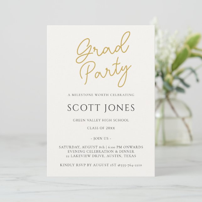 Luxe Gold Script Grad Party Invite Einladung (Stehend Vorderseite)