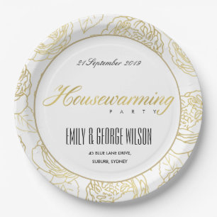 LUXE GOLDweiße ELEGANTE ROSEblumenHOUSEWARMING Pappteller