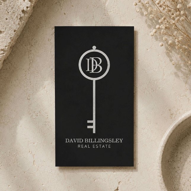 Luxe Gray Skeleton Key Monogram Realtor Visitenkarte (Von Creator hochgeladen)