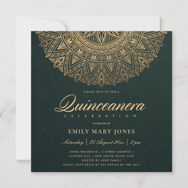 LUXE GREEN GOLD CLASSIC VERZIERT MANDALA QUINCEANE EINLADUNG (Vorderseite)
