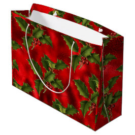 Luxe Green Holly, Red Berries Foil Large Gift Bag Große Geschenktüte