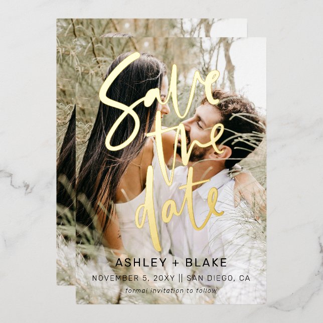 Luxe Handgeschriebenes Script-Foto Save the Date Folieneinladung (Vorderseite/Rückseite)