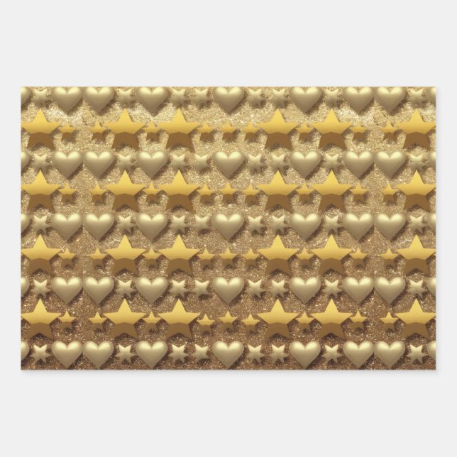 Luxe Hearts Stars Gold Glitzer Wrapping Paper Geschenkpapier Set (Vorderseite)