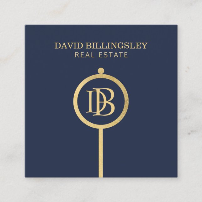 Luxe Imitate Gold Skeleton Key Monogram Realtor Bl Quadratische Visitenkarte (Vorderseite)