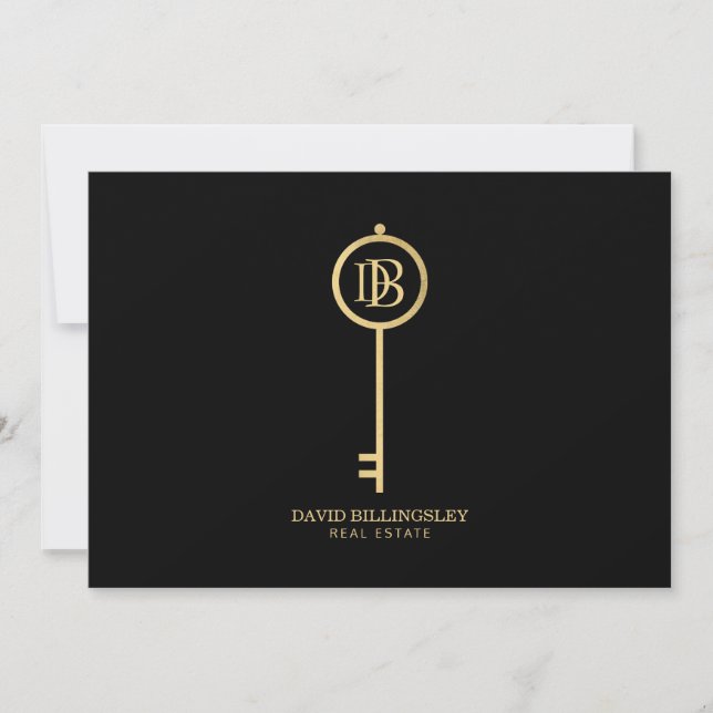 Luxe Imitats Gold Skeleton Key Monogram Black Mitteilungskarte (Vorderseite)