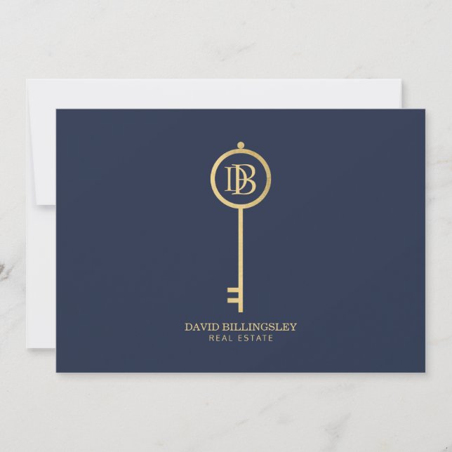 Luxe Imitats Gold Skeleton Key Monogram Navy Mitteilungskarte (Vorderseite)