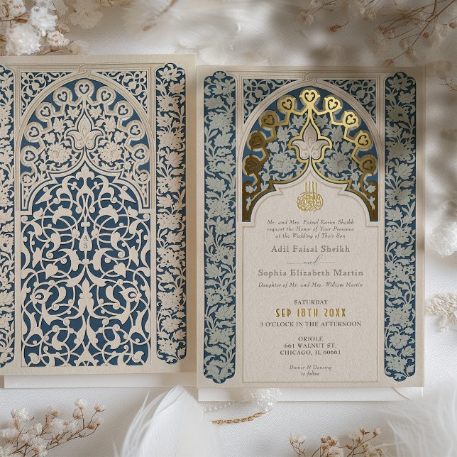 Luxe Islamic Lace Dusty Blue Wedding Folieneinladung (Von Creator hochgeladen)