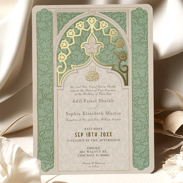 Luxe Islamic Lace Sage Green Wedding Folieneinladung (Von Creator hochgeladen)