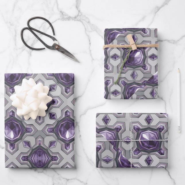 Luxe Lila Edelsteine Silver Wrapping Paper Set Geschenkpapier Set (Vorderseite)