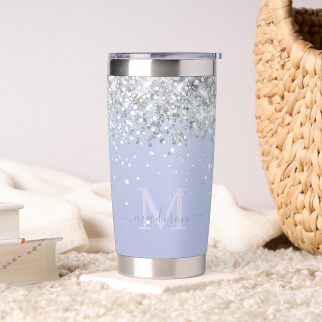 Luxe Lila Holographic Silver Glitzer Monogram Thermobecher (Wohnzimmer)