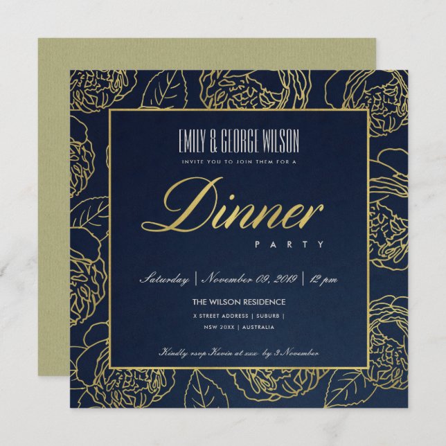 LUXE LUSH NAVY IMITATS GOLD ROSE FLORAL DINNER PAR EINLADUNG (Vorne/Hinten)