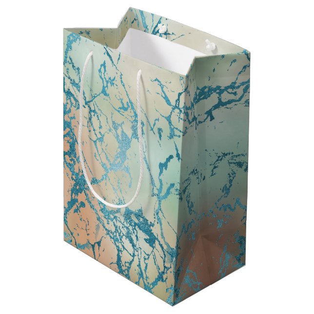 Luxe Marble | Schöne Gelb-und Korallenvene Aquamar Mittlere Geschenktüte (Rückseite Schrägansicht)