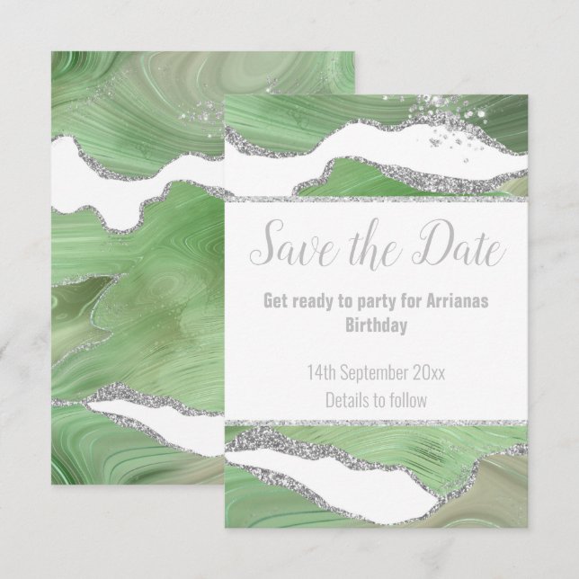 LUXE MARBLE SILVER GRÜNE REAKTION RSVP CARD (Vorne/Hinten)