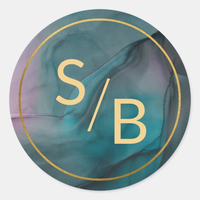 Luxe Marble Tinte Wash Jewel Tones mit Monogramm Runder Aufkleber (Vorderseite)