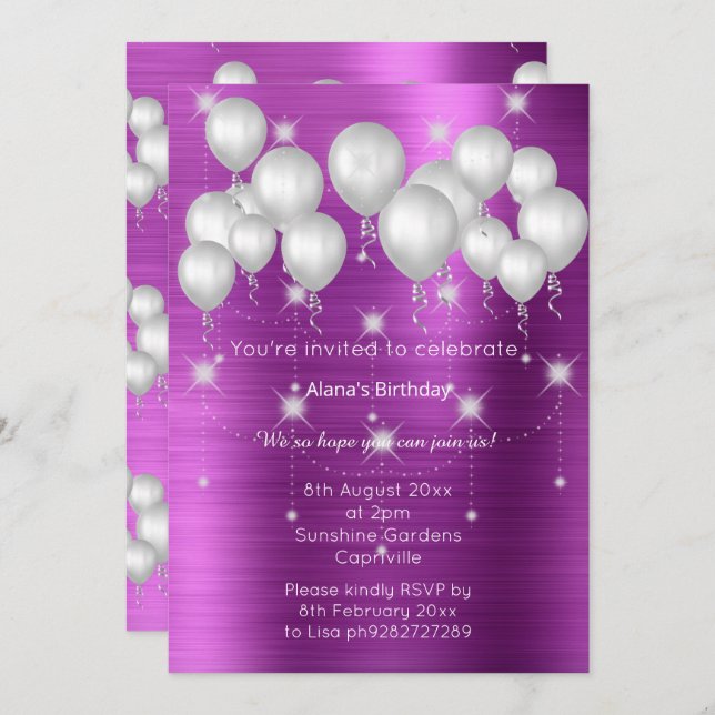 LUXE METALLIC LILA BALLOON BIRTHDAINVITATION EINLADUNG (Vorne/Hinten)